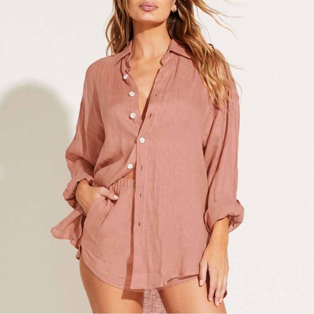 Vitamin A Playa Linen Shirt Desert Teracotta Cover Up Size XS